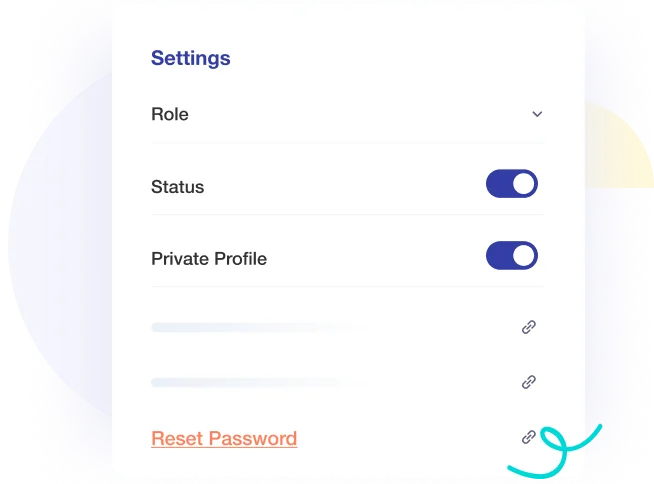 Crewlix settings panel showing role assignment, private profile toggle, and password reset options