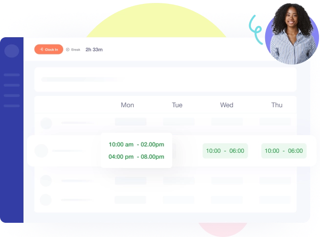Multiple shift scheduling interface displaying split shifts and customized working hours