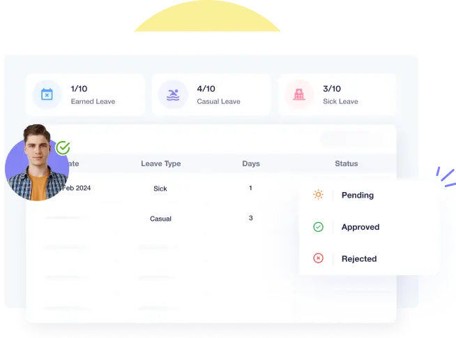 Employee leave balance dashboard displaying earned, casual, and sick leave status