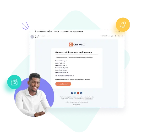 Automated email notification summary for expiring employee documents in Crewlix