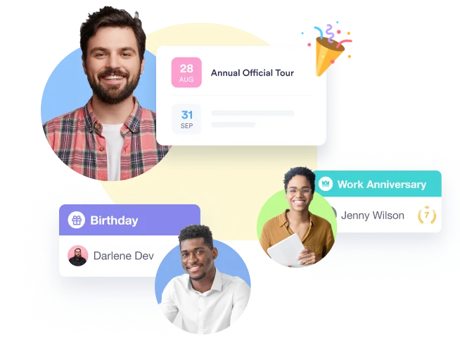 Automated birthday and work anniversary celebration cards in employee engagement feed