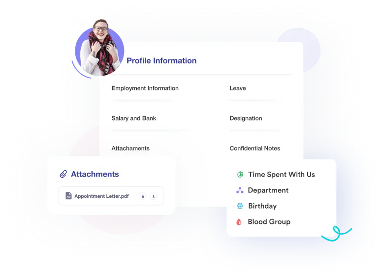 Centralised profile information hub showing employment info, salary details, and attachments