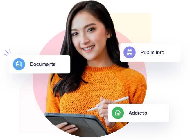 Female employee surrounded by document, public info, and address management icons in Crewlix