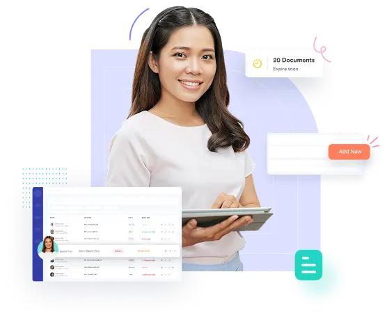 An HR professional reviewing employee compliance documents and expiry badges on laptop