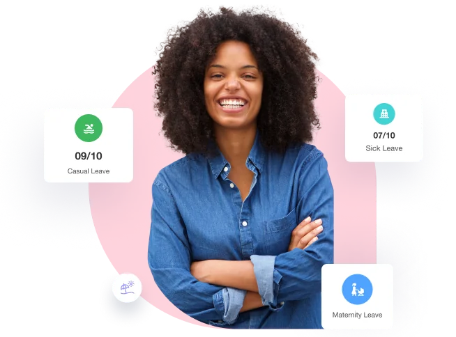 A smiling employee surrounded by annual leave, sick leave, and bank holiday badges