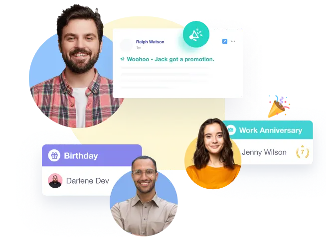 Male professional smiling with engagement feed badges highlighting company promotions and birthday alerts