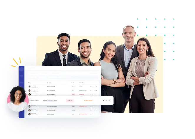Team of HR managers inspecting multi-employee compliance status and document expiry dashboard