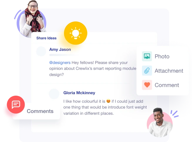Interactive feed post allowing team members to comment, attach files, and share creative ideas