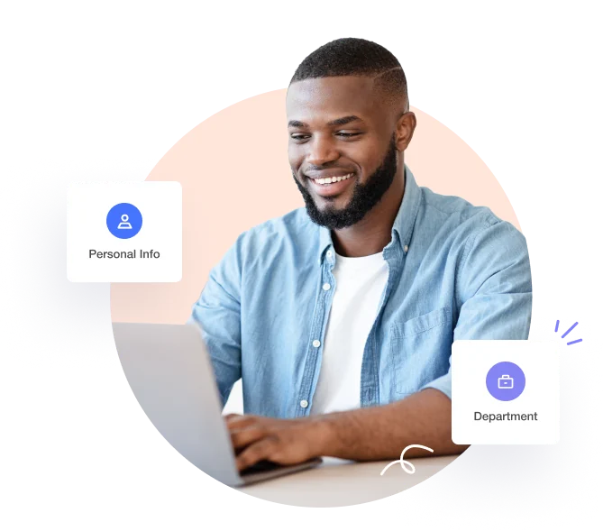 A smiling male professional surrounded by personal info, file, and department profile icons in Crewlix