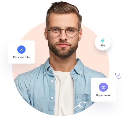 A smiling male professional surrounded by personal info, file, and department profile badges