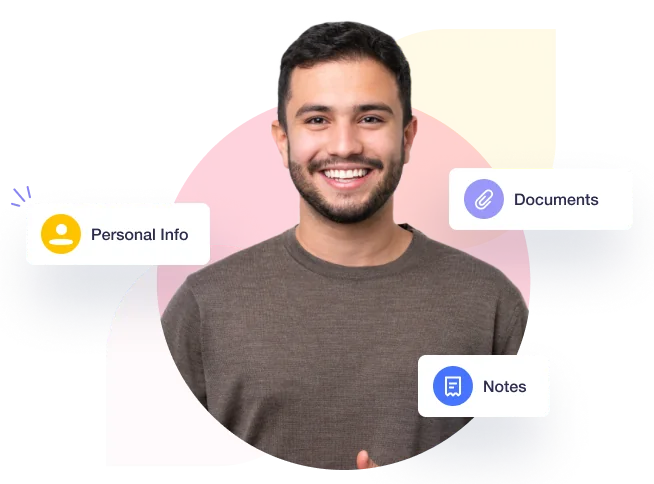 New hire surrounded by personal info, document upload, and private note badges