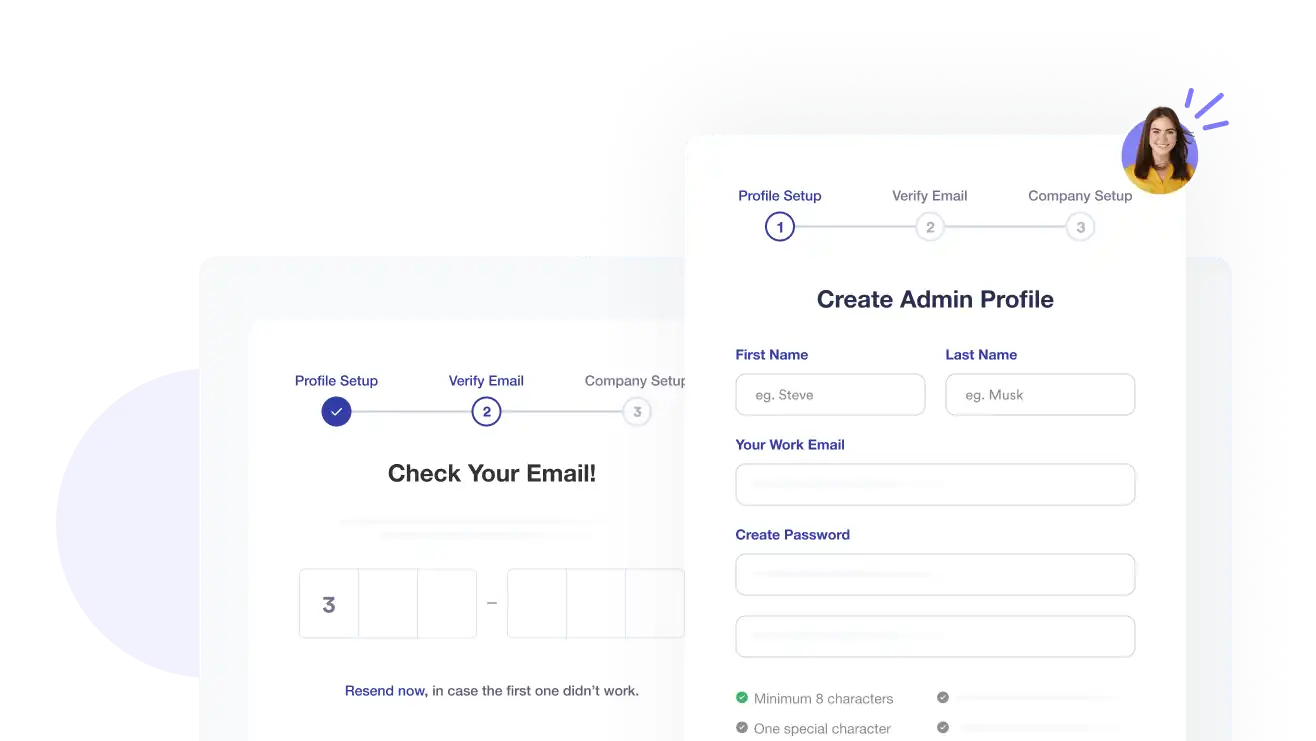 Step-by-step account creation, email verification, and company setup wizard in Crewlix