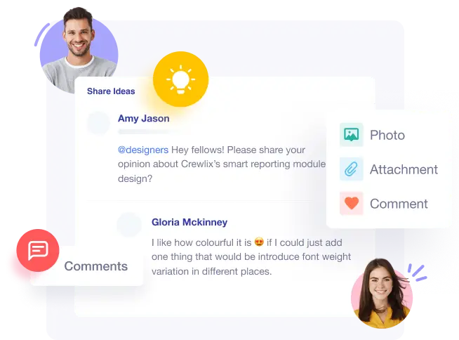 Employee social feed post showing interactive comments, media attachments, and engagement