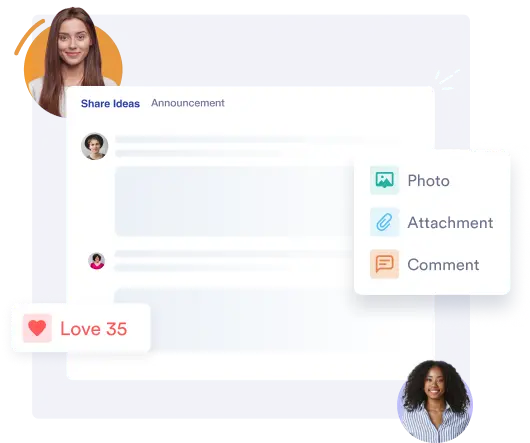 Interactive company social feed allowing staff to react, comment, and share ideas