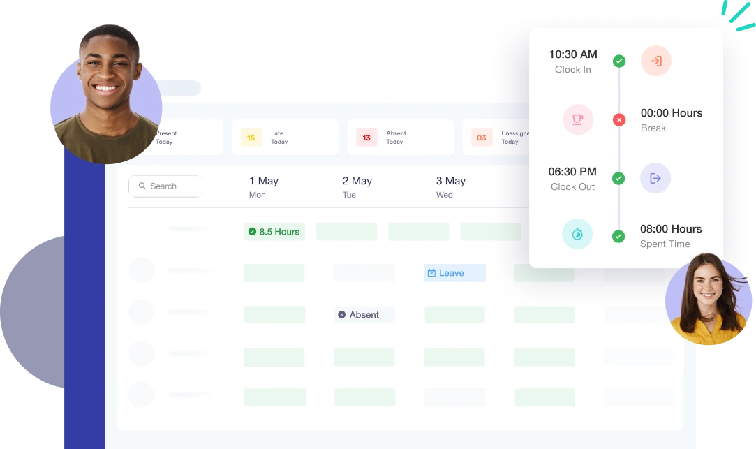 Crewlix interactive attendance dashboard showing employee clock-in, clock-out, break time, and total hours
