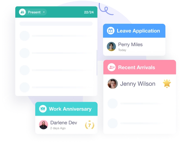 Sidebar widget cards highlighting live attendance updates, work anniversaries, and leave alerts