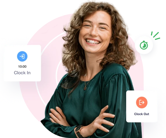 A happy female employee using Crewlix clock in and time tracking system