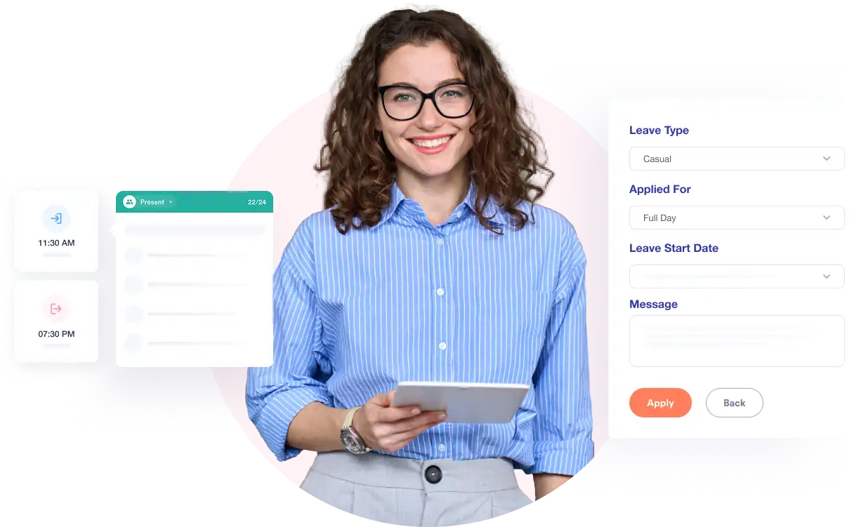 A smiling female professional holding a tablet representing transparent HR workplace culture